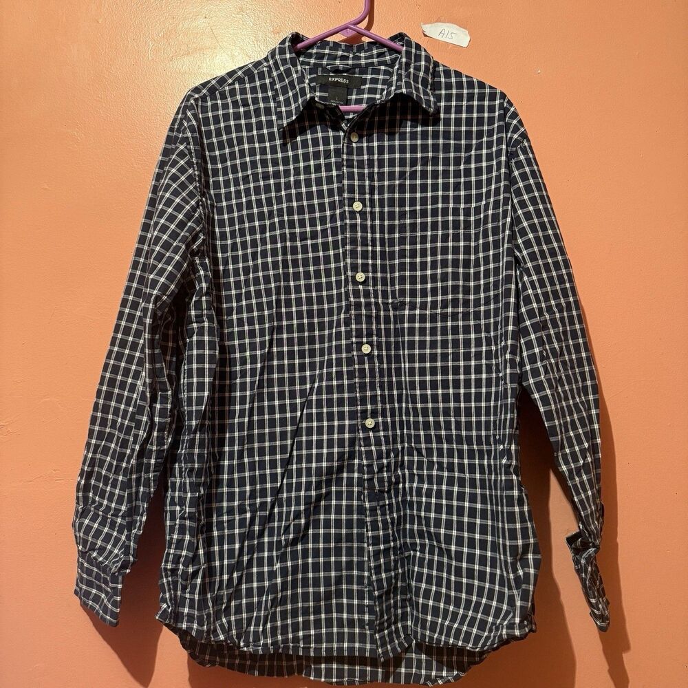 3/$15 Express Mens Button Up Shirt L Large Black White Square Checker Collared